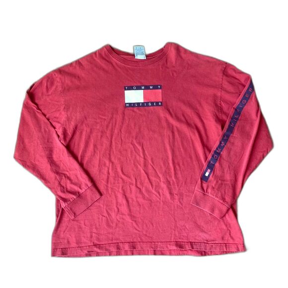 VTG 90s Y2K Red‎ Tommy Hilfiger Large screen print logo long sleeve t-shirt XXL - Picture 1 of 7